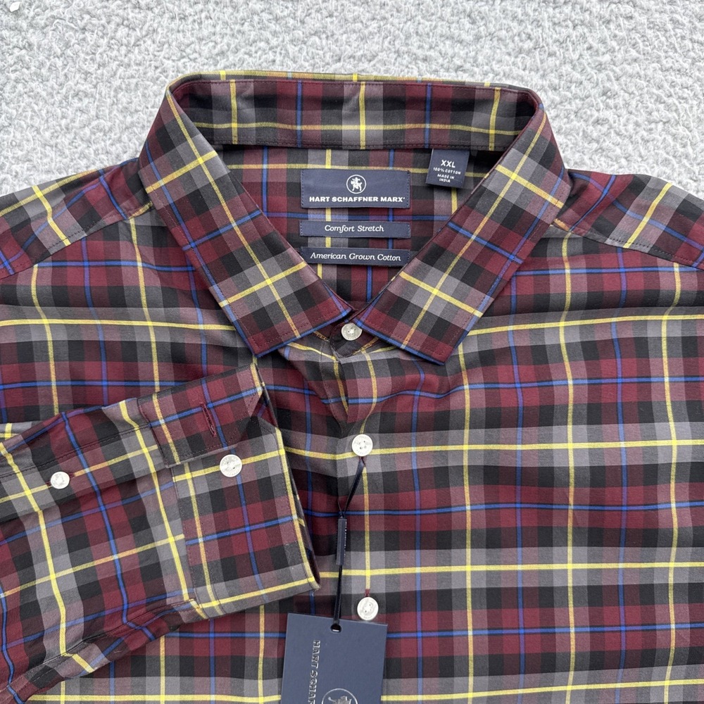 Hart Schaffner Marx Comfort Stretch Shirt Mens XXL 2XL Plaid L/S Burgundy Grey